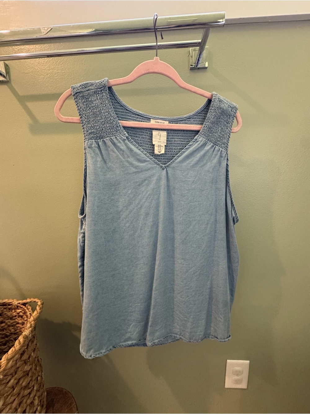 Joie Light Blue Smocked-Shoulder V-Neck Tank